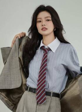 徐若晗同款酒红色条纹领带衬衫女高级感韩版免打复古领巾女款配饰