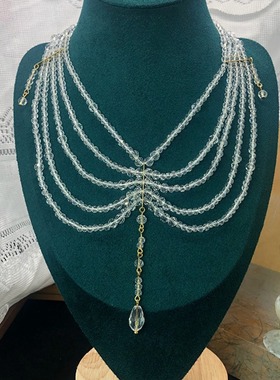 白色水晶流苏项链多层手工串珠感