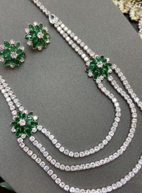 网红双层绿色菊花爪链镶钻锆石项
