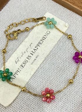 复古彩色花朵串珠钛钢项链女多巴