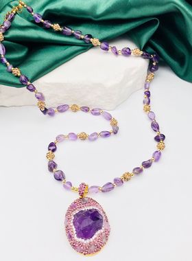 合金原紫矿石铜镀金泥镶坠项链