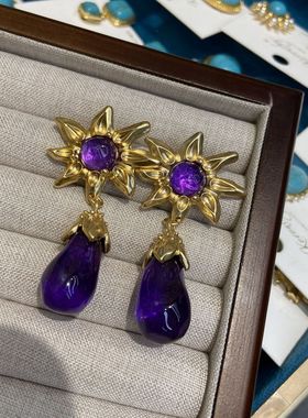 欧美新款紫色水滴琉璃太阳花项链