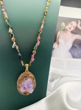 合金圆珠链天然紫矿石水晶项链