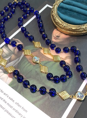 西洋神秘蓝祖母绿琉璃珠长款项链