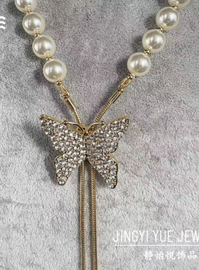 vintage复古珍珠蝴蝶项链法式宫
