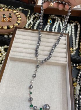施家灰色珍珠锆石项链通勤百搭感