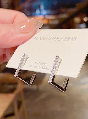 s925银针几何方形耳圈百搭冷淡风