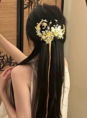 「金色虞姬」刘亦菲同款虞姬金色飘带花朵发夹女新娘结婚百搭头饰