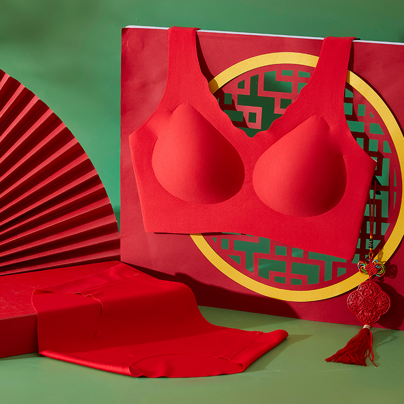 Caramella大红色无钢圈套装内衣女美背固定杯背心式文胸16YXMY