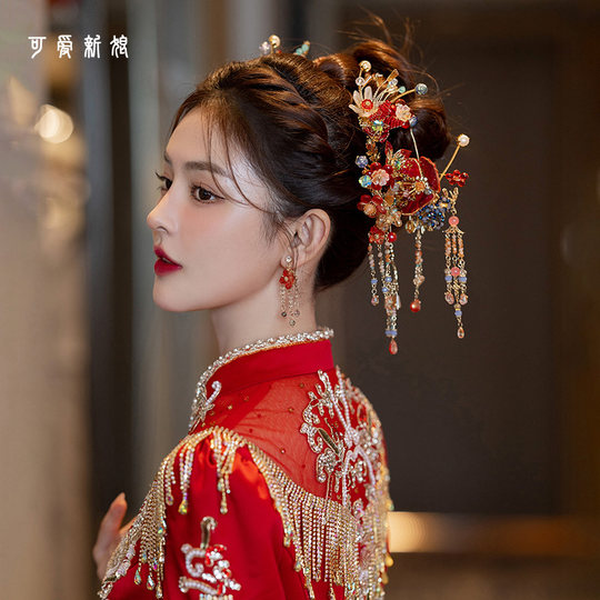 红色秀禾头饰2025新款中式高级花朵古风大气秀禾服龙凤褂新娘发饰