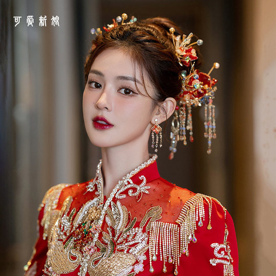 红色秀禾头饰2025新款中式高级花朵古风大气秀禾服龙凤褂新娘发饰