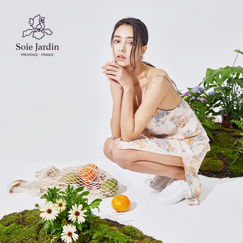 soie jardin3#长相思印花真丝双绉深V领宽松大腿开衩吊带长睡裙-图0