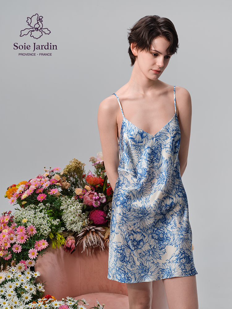 soie jardin3#蓝牡丹新款热卖真丝单色印花吊带裙丝绸奢华家居服-图3