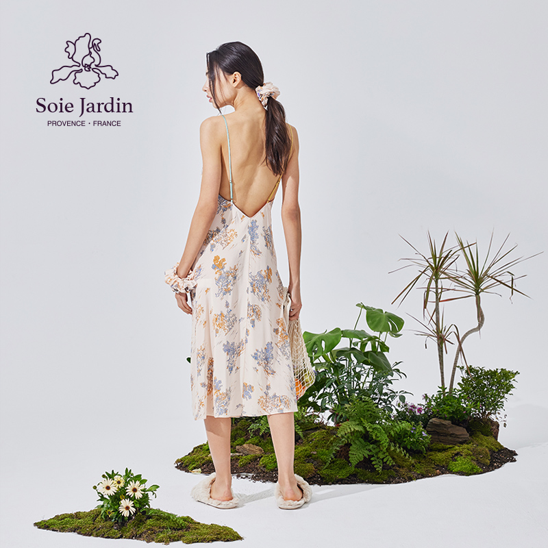 soie jardin3#长相思印花真丝双绉深V领宽松大腿开衩吊带长睡裙-图2