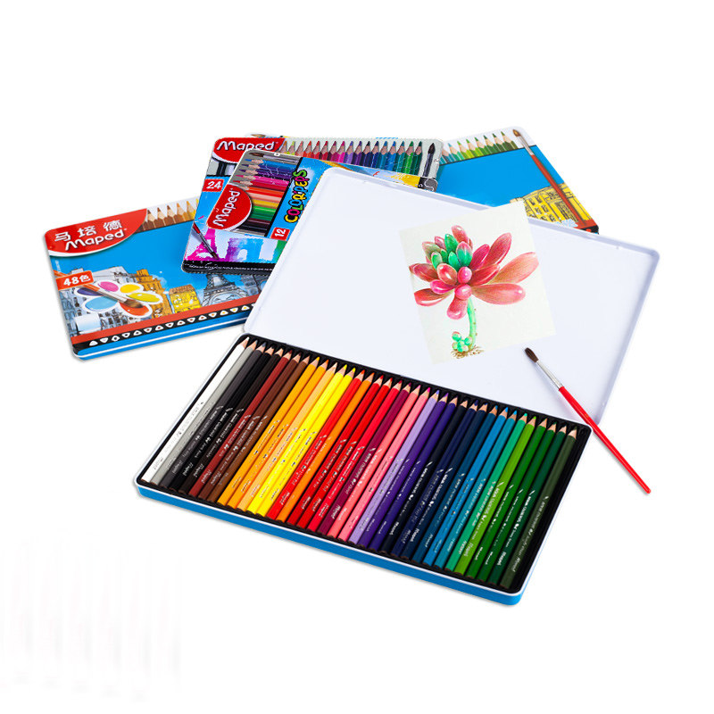 法国马培德48色水溶彩铅铁盒套装 学生彩色铅笔36色手绘专业绘画美术用品儿童初学者涂色填色笔美术生入门用