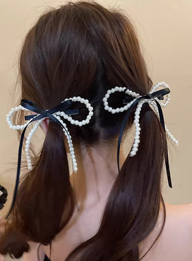 芭蕾风蓝色蝴蝶结飘带珠珠发夹女