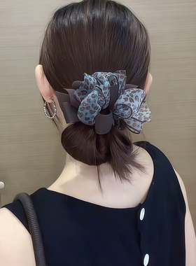 韩系蓝色豹纹蝴蝶结大肠发圈头绳