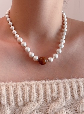 时尚轻奢银色串珠项链不错高级感气质木质圆球锁骨链时髦潮人颈链