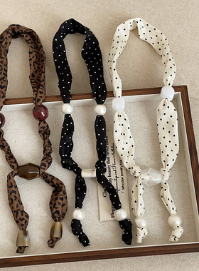 韩国潮流ins波点豹纹丝巾串珠抽拉项链女轻奢复古时尚颈链锁骨链