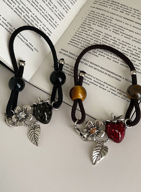 潮酷做旧花朵树叶滴油草莓手链小众设计感个性气质时尚手环手饰