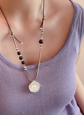 不规则圆形凹陷镶嵌珍珠项链女复古串珠抽拉式个性百搭毛衣链配饰