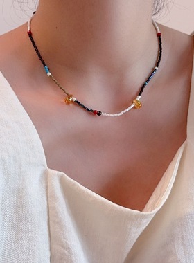 民族风彩色水晶串珠水滴项链女轻奢个性百搭撞色颈链锁骨链配饰品