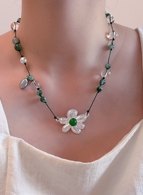 花朵古法编织项链女绿玛瑙串珠锁骨链小众高级感气质百搭颈链配饰