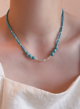 天然高瓷绿蓝松石锁骨链叠戴银色珠珠蝴蝶吊坠Y字链可分开毛衣链