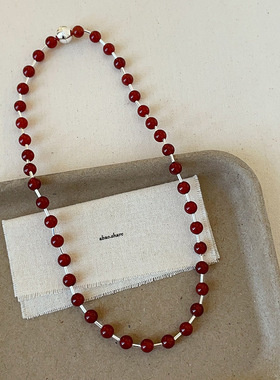 简约轻奢红玛瑙串珠双层叠戴项链