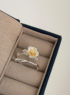 小众高级感金银撞色海棠花戒指女