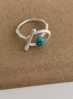 虎眼石绿松石几何哑光金属戒指女设计感个性独特精致时尚指环戒子