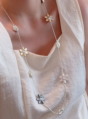 甜酷辣妹风金属花朵撞色拼接长款项链轻奢高级感腰链个性毛衣链女