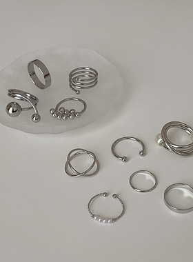 韩系小众不规则叠戴素圈戒指套装