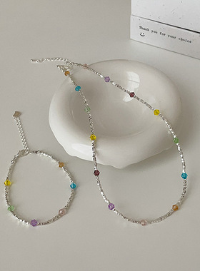 甜美彩色水晶碎银子项链手链女夏季多巴胺个性时尚百搭颈链锁骨链