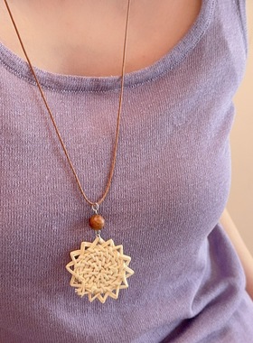 海滩度假风手工藤编织项链女波西米亚长款挂脖吊坠锁骨链颈链配饰