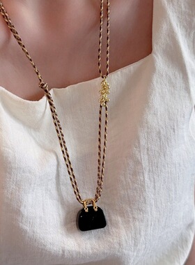 王玉雯同款虎眼石包包编织项链小众高级感棕色编绳中古玉石毛衣链