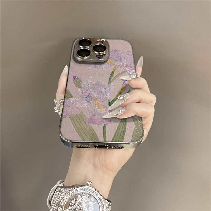 国风紫色鸢尾花适用苹果16手机壳iPhone15高级14plus创意13promax新款12男女11支架电镀小羊皮17全包8保护套,淘宝优惠券,粉丝福利购,淘宝优惠卷