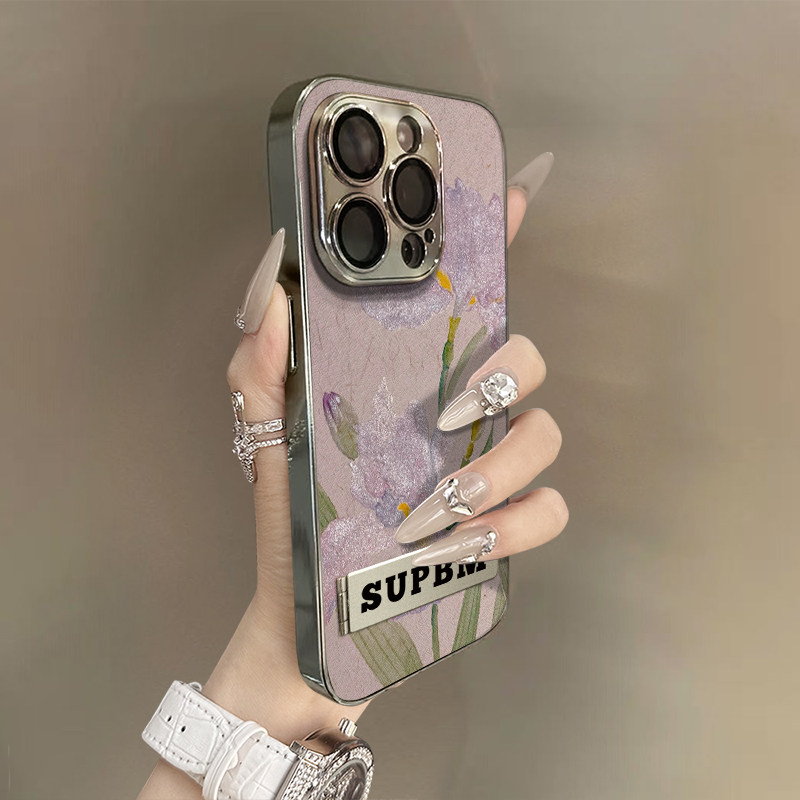 国风紫色鸢尾花适用苹果16手机壳iPhone15高级14plus创意13promax新款12男女11支架电镀小羊皮17全包8保护套,淘宝优惠券,粉丝福利购,淘宝优惠卷
