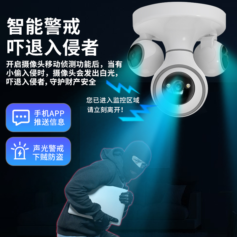 三目摄像头360度无死角家用手机远程室内高清夜视WIFI无线监控器 - 图1