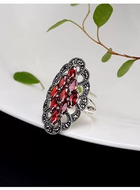 S925银戒指女个性食指潮人百搭复古石榴红开口指环礼物老银匠手工