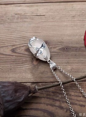 s925纯银玉髓水晶吊坠女复古泰银项链高端毛衣挂坠礼物老银匠手工