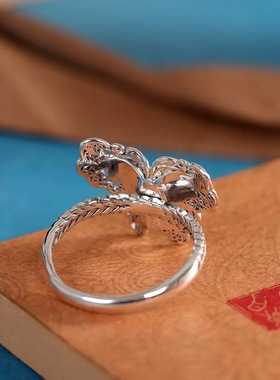 通体s925纯银碧玉镂空蝴蝶戒指开口个性新中式指环做旧老银匠手工