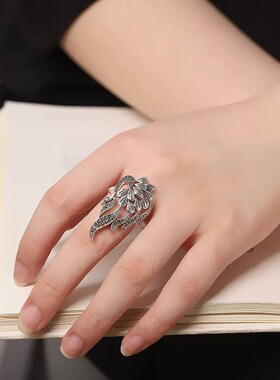 S925银复古泰银工艺指环 开口女款中指孔雀时尚银戒指老银匠手工