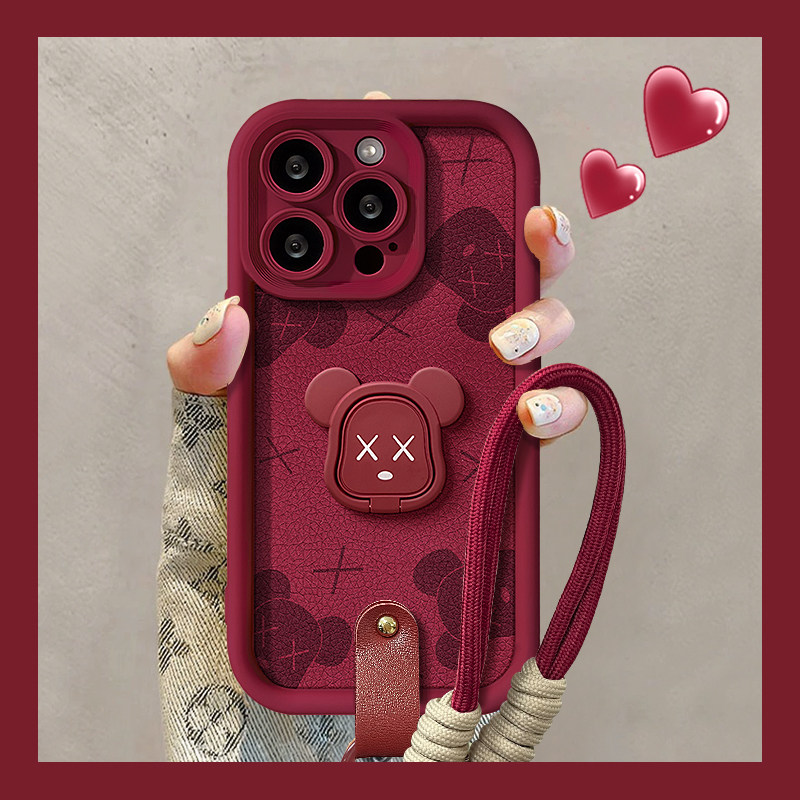 适用于vivox100手机壳红色2025新年女款vivox200暴力熊支架挂绳s20/19pro小羊皮s17/16磨砂x90硅胶s18防摔x60