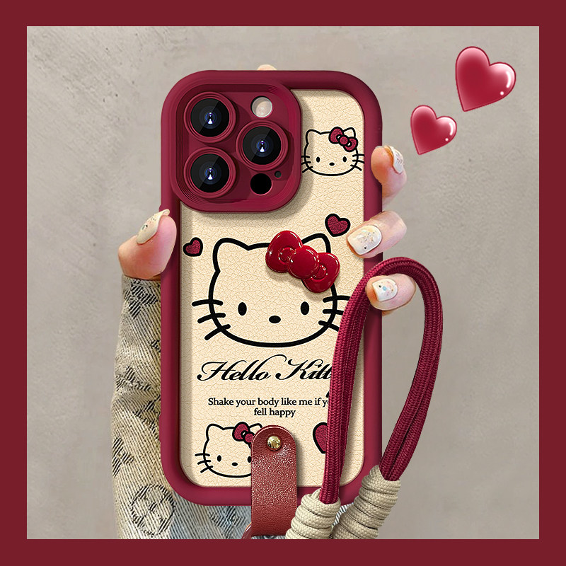 适用苹果16pro手机壳14promax小羊皮红色2025新年女款iPhone15plus猫咪蝴蝶结挂绳13挂绳12高级11磨砂xs/xr套