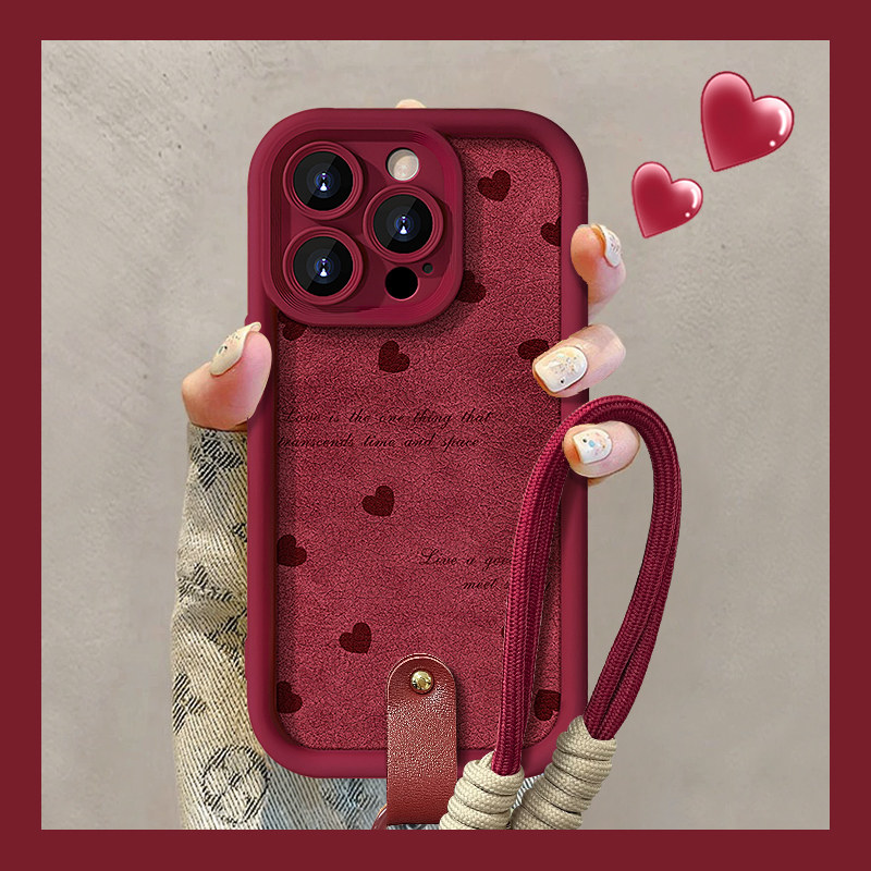 适用苹果16pro手机壳14promax小羊皮红色2025新年女款iPhone15plus黑色蝴蝶结挂绳防摔12高级11磨砂xs/xr软套