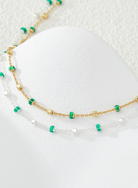 S925银十字间2.0滴釉方珠项链