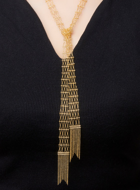 ADHORA【七夕礼物】18K工艺S925银梯形领带流苏闪珠蕾丝围巾链