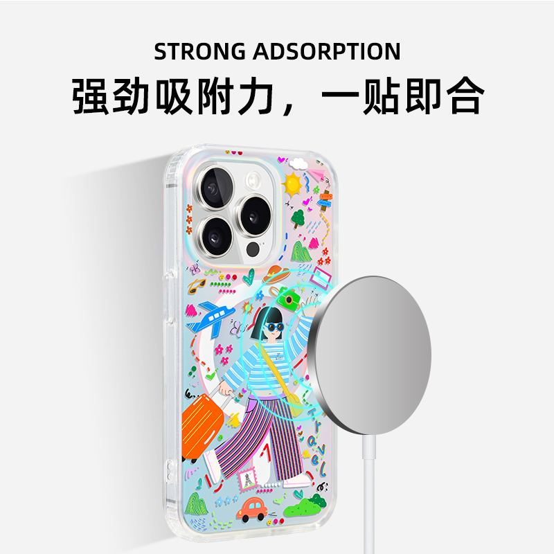 若墨适用苹果15promax手机壳新款iphone16pro女磁吸渐变镭射magsafe高级感14小众多巴胺13卡通旅行ip12保护壳