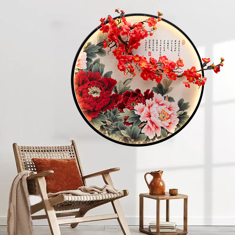 新中式圆形玄关装饰画带led亮灯发光壁画仿真梅客厅过道挂画葫芦,淘宝优惠券,粉丝福利购,淘宝优惠卷